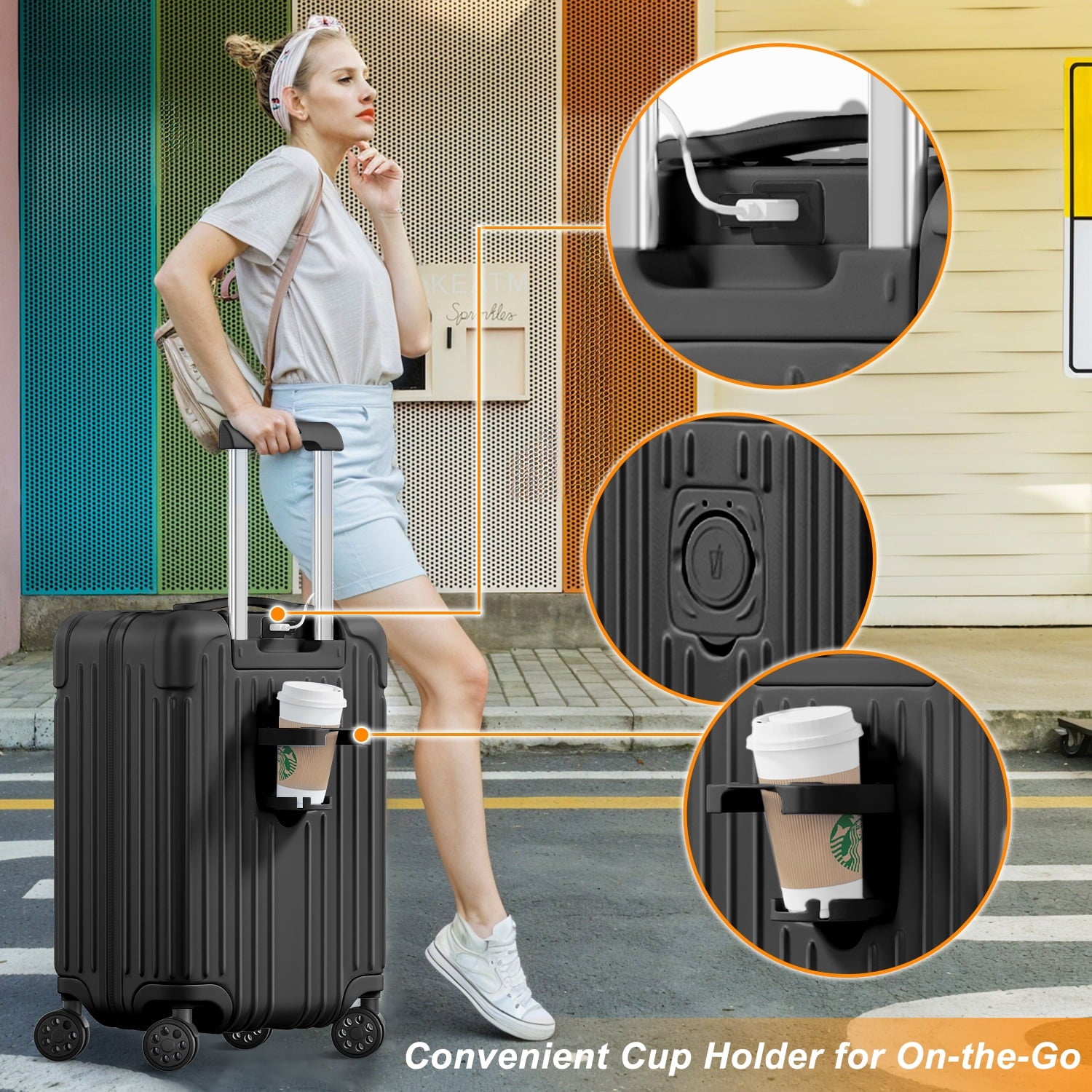 Checked Luggage PC ABS Hardshell Suitcase with Spinner Wheels TSA Lock USB Port and Cup Holder 28 inch Black