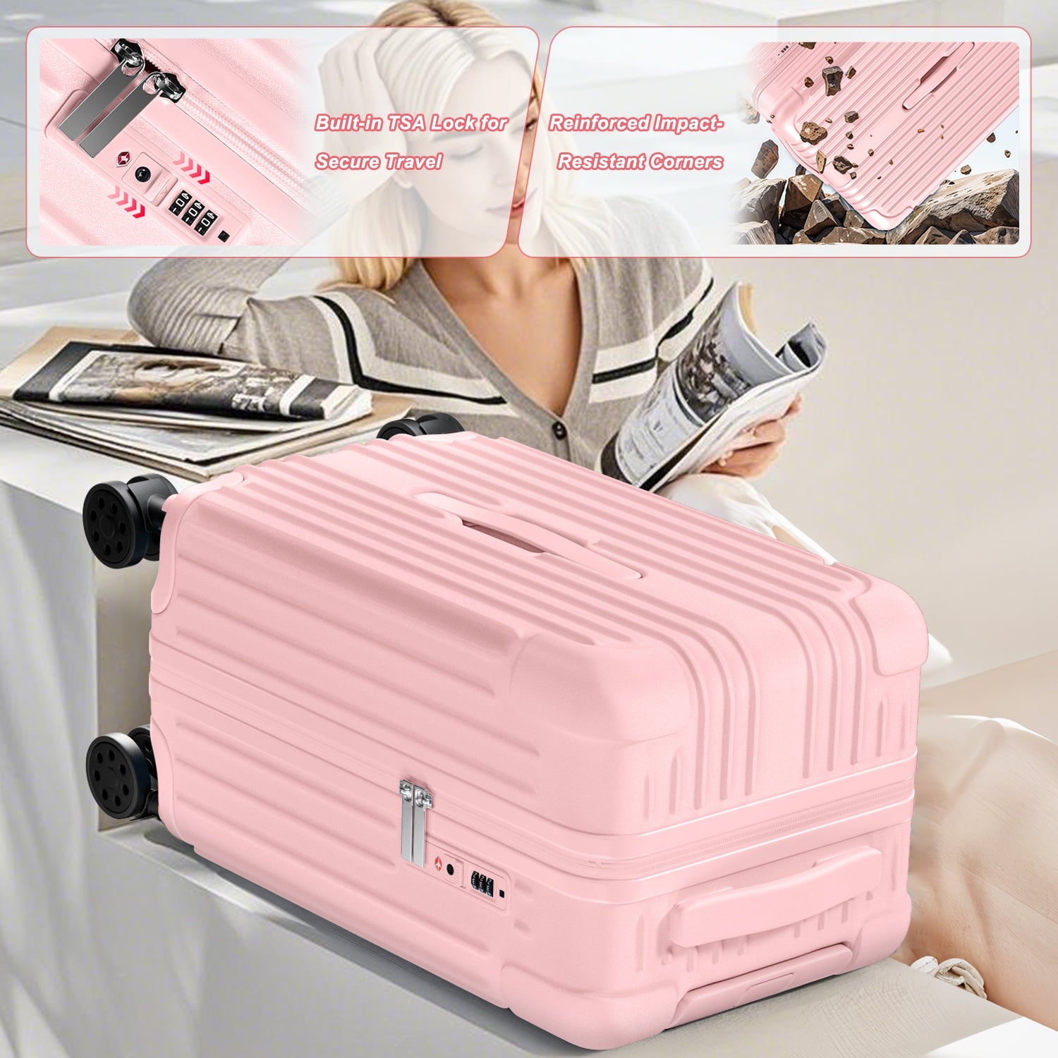 Checked Luggage PC ABS Hardshell Suitcase with Spinner Wheels TSA Lock USB Port and Cup Holder 28 inch Pink