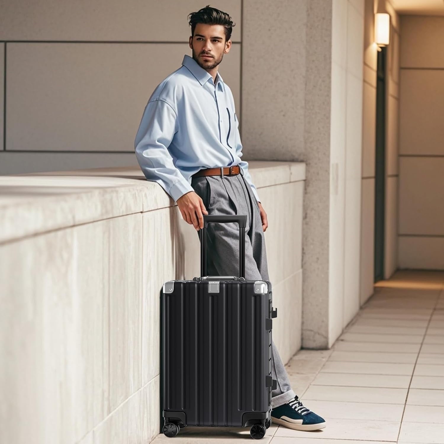 Checked Luggage Aluminum Frame Suitcase with Wheels PC ABS Hardside Zipperless with TSA Lock 24 Inch Black