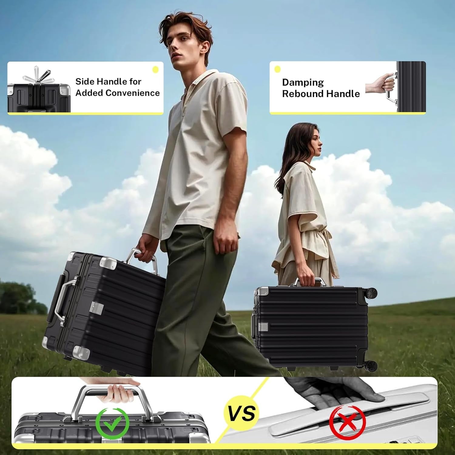 Checked Luggage Aluminum Frame Suitcase with Wheels PC ABS Hardside Zipperless with TSA Lock 24 Inch Black