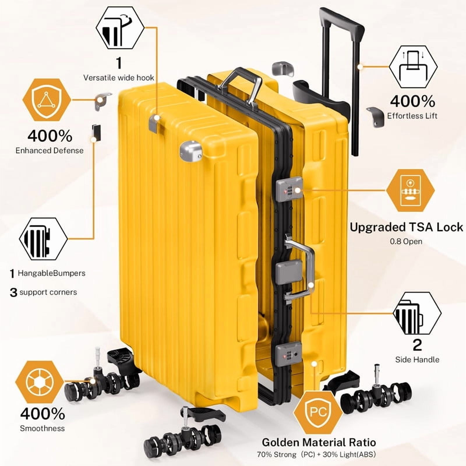 Checked Luggage Aluminum Frame Suitcase with Wheels PC ABS Hardside Zipperless with TSA Lock 24 Inch Yellow