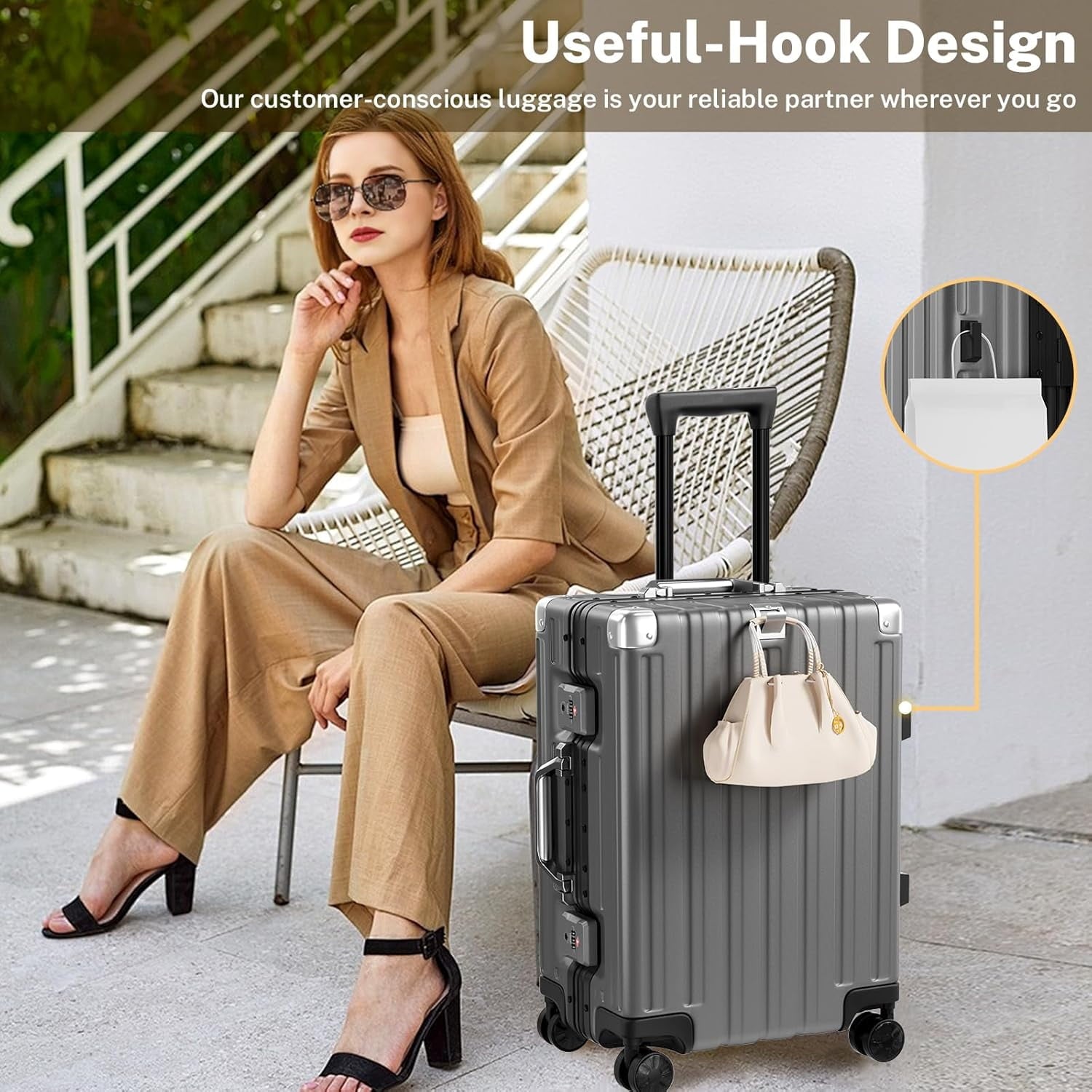 Checked Luggage Aluminum Frame Suitcase with Wheels PC ABS Hardside Zipperless with TSA Lock 24 Inch Gray