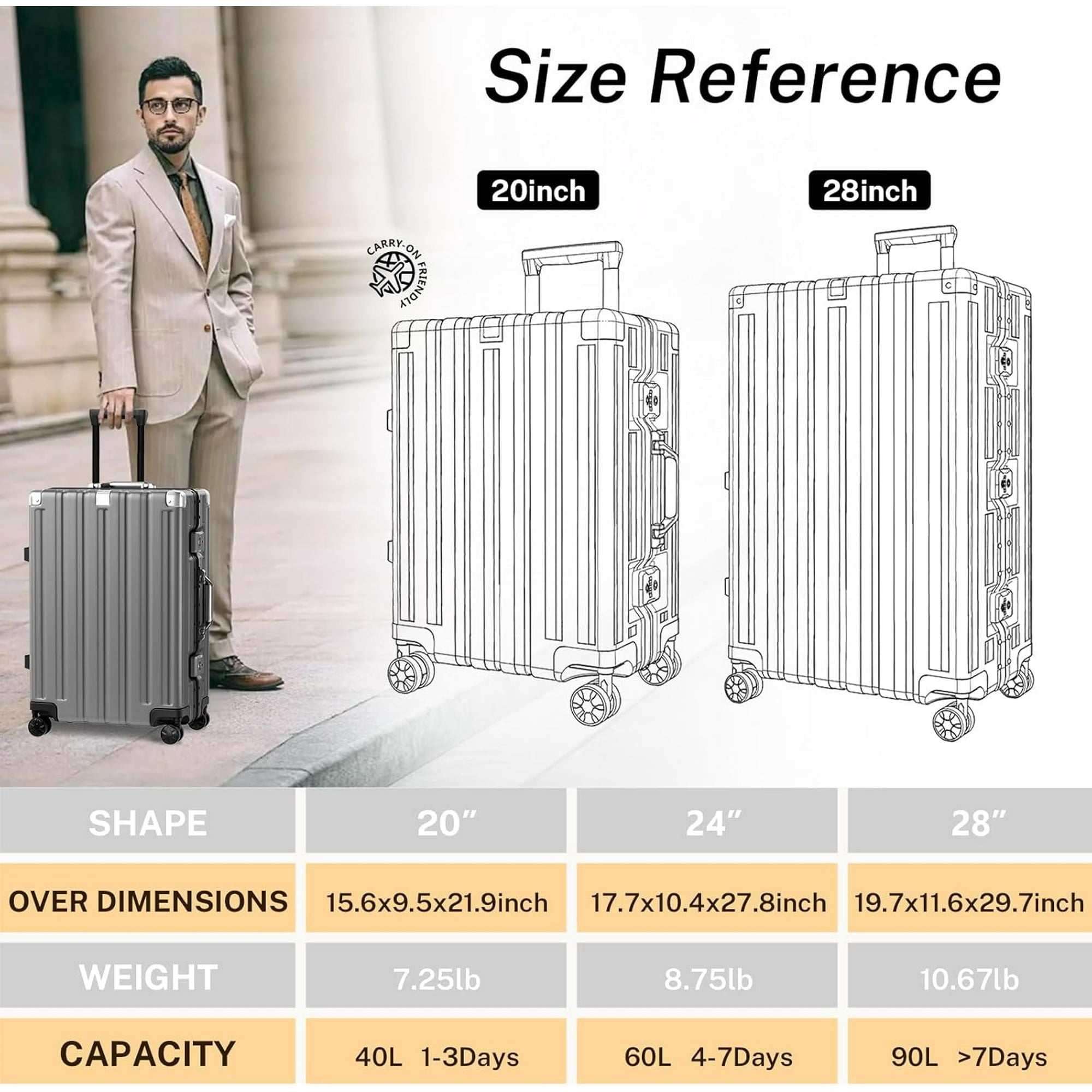 Checked Luggage Aluminum Frame Suitcase with Wheels PC ABS Hardside Zipperless with TSA Lock 24 Inch Gray