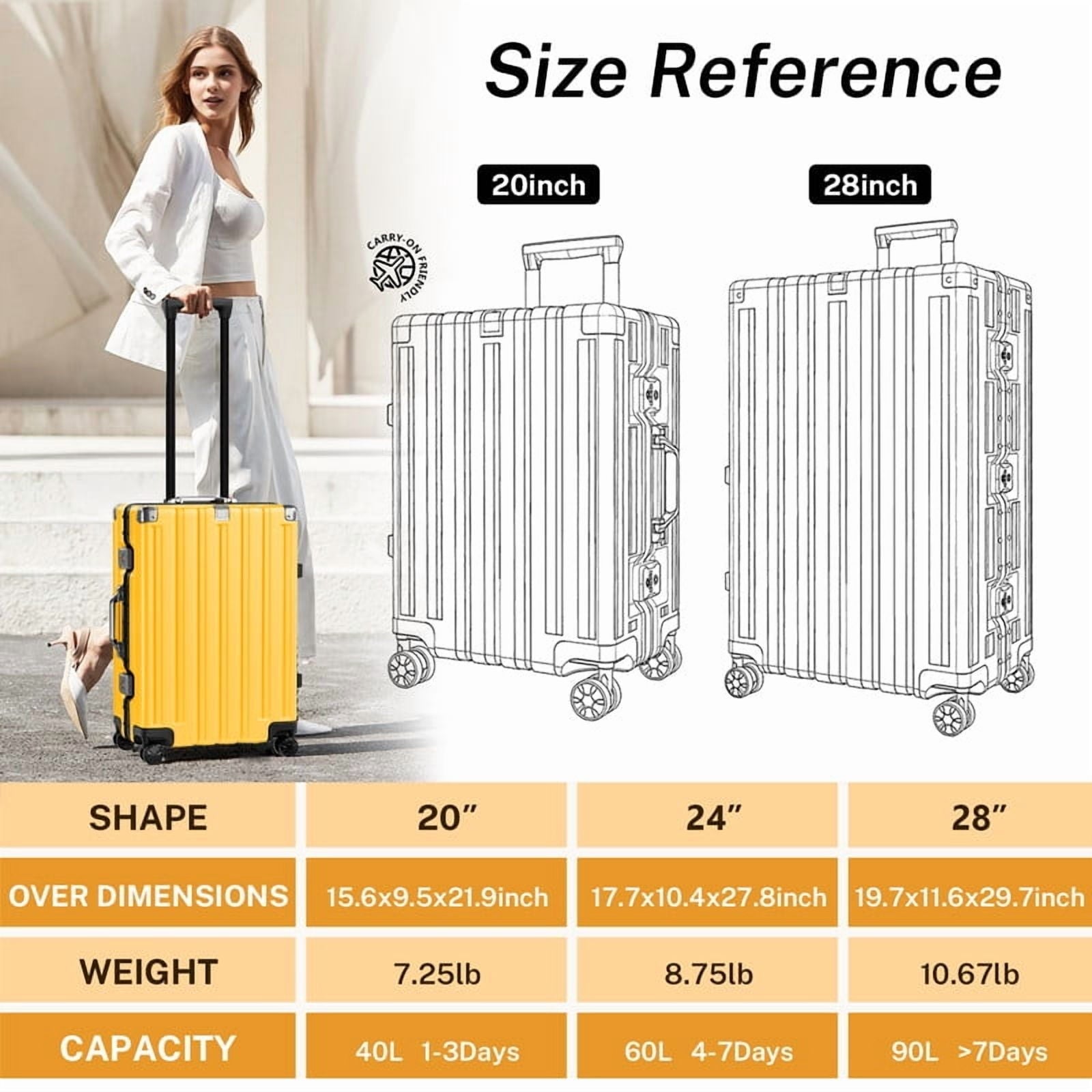 Checked Luggage Aluminum Frame Suitcase with Wheels PC ABS Hardside Zipperless with TSA Lock 24 Inch Yellow