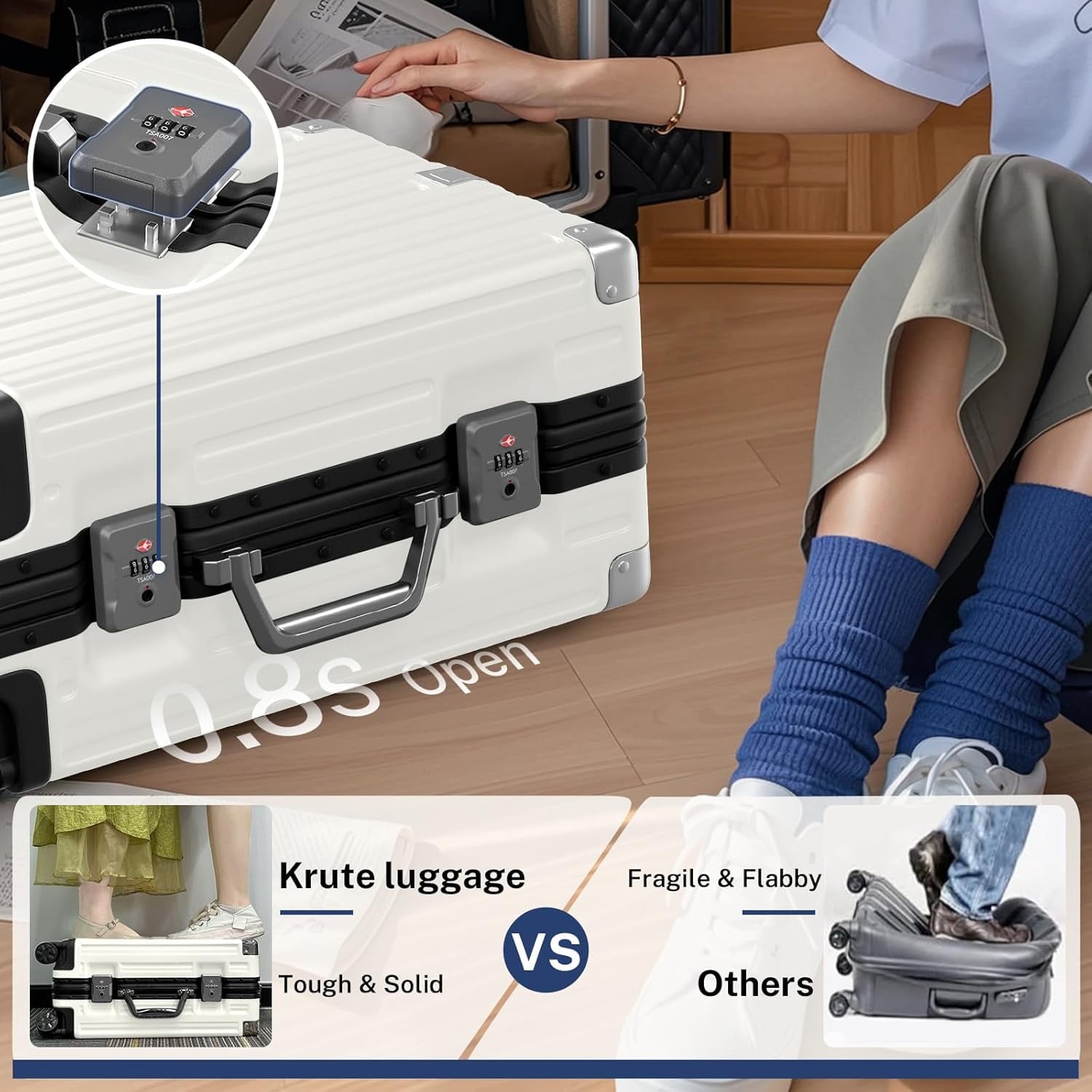 Checked Luggage Aluminum Frame Suitcase with Wheels PC ABS Hardside Zipperless with TSA Lock 28 Inch White