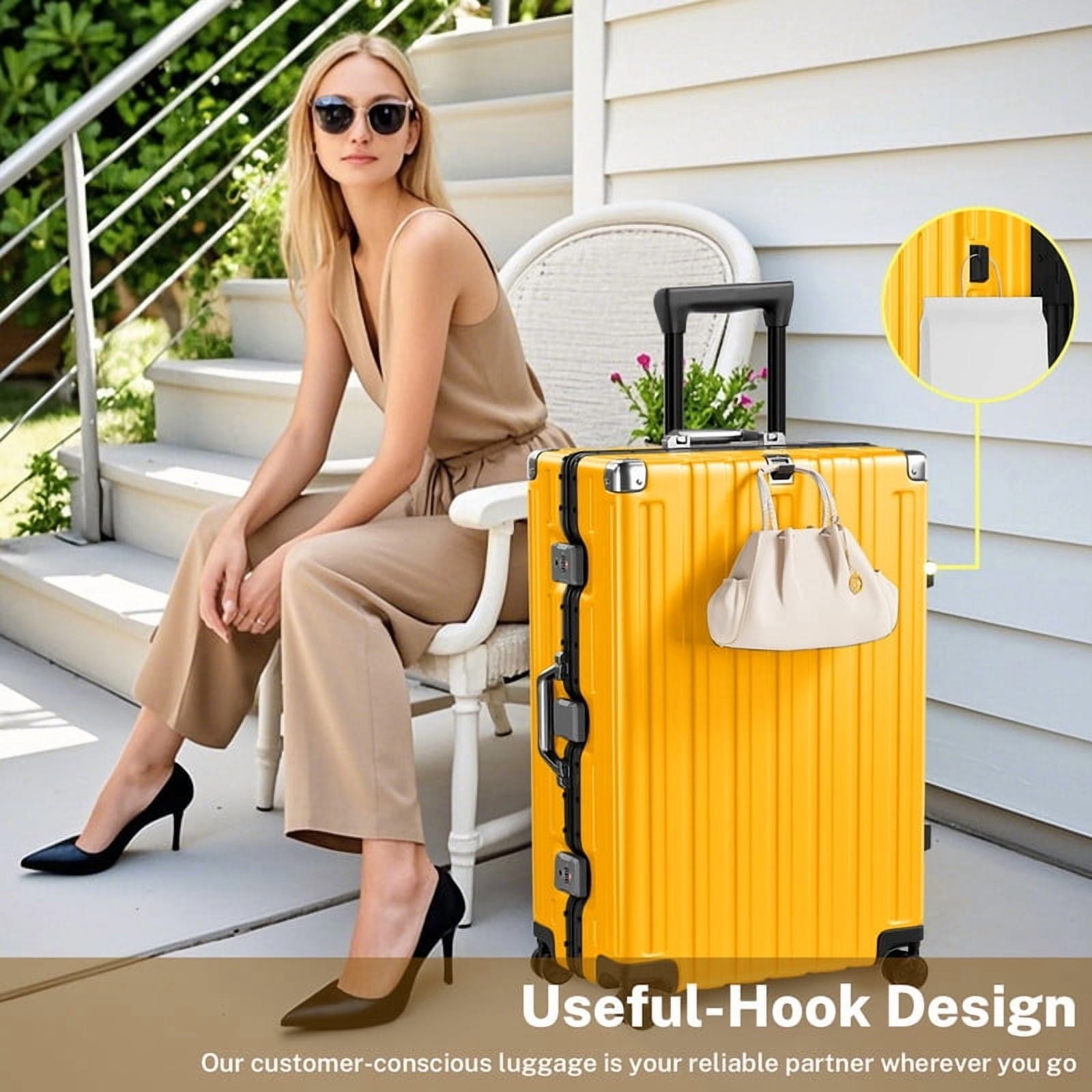 Checked Luggage Aluminum Frame Suitcase with Wheels PC ABS Hardside Zipperless with TSA Lock 24 Inch Yellow