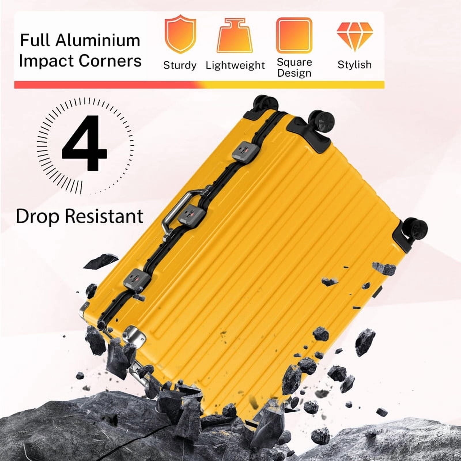 Checked Luggage Aluminum Frame Suitcase with Wheels PC ABS Hardside Zipperless with TSA Lock 24 Inch Yellow