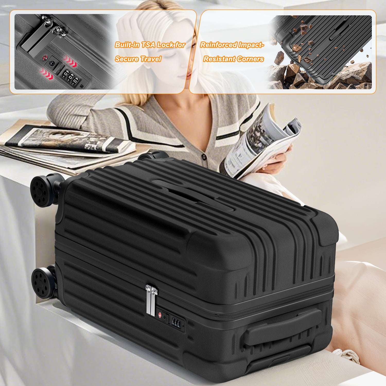 Checked Luggage PC ABS Hardshell Suitcase with Spinner Wheels TSA Lock USB Port and Cup Holder 28 inch Black