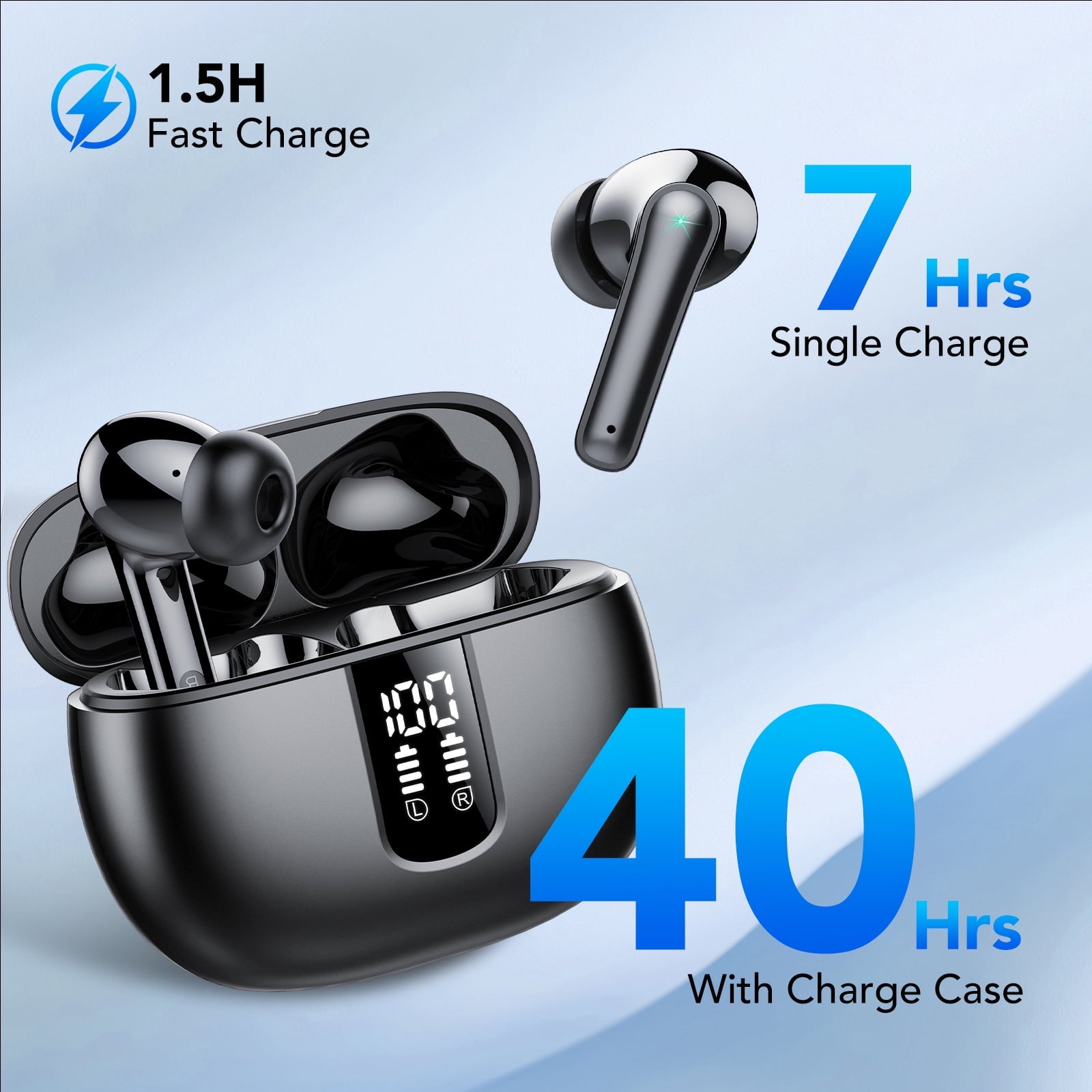 Bluetooth Headphones True Wireless Earbuds 40H Long Playback, Stereo Deep Bass, LED Display, IPX7, Lightweight in Ear Earphone, Noise Cancelling Headphones with Mic for iPhone Android, Black