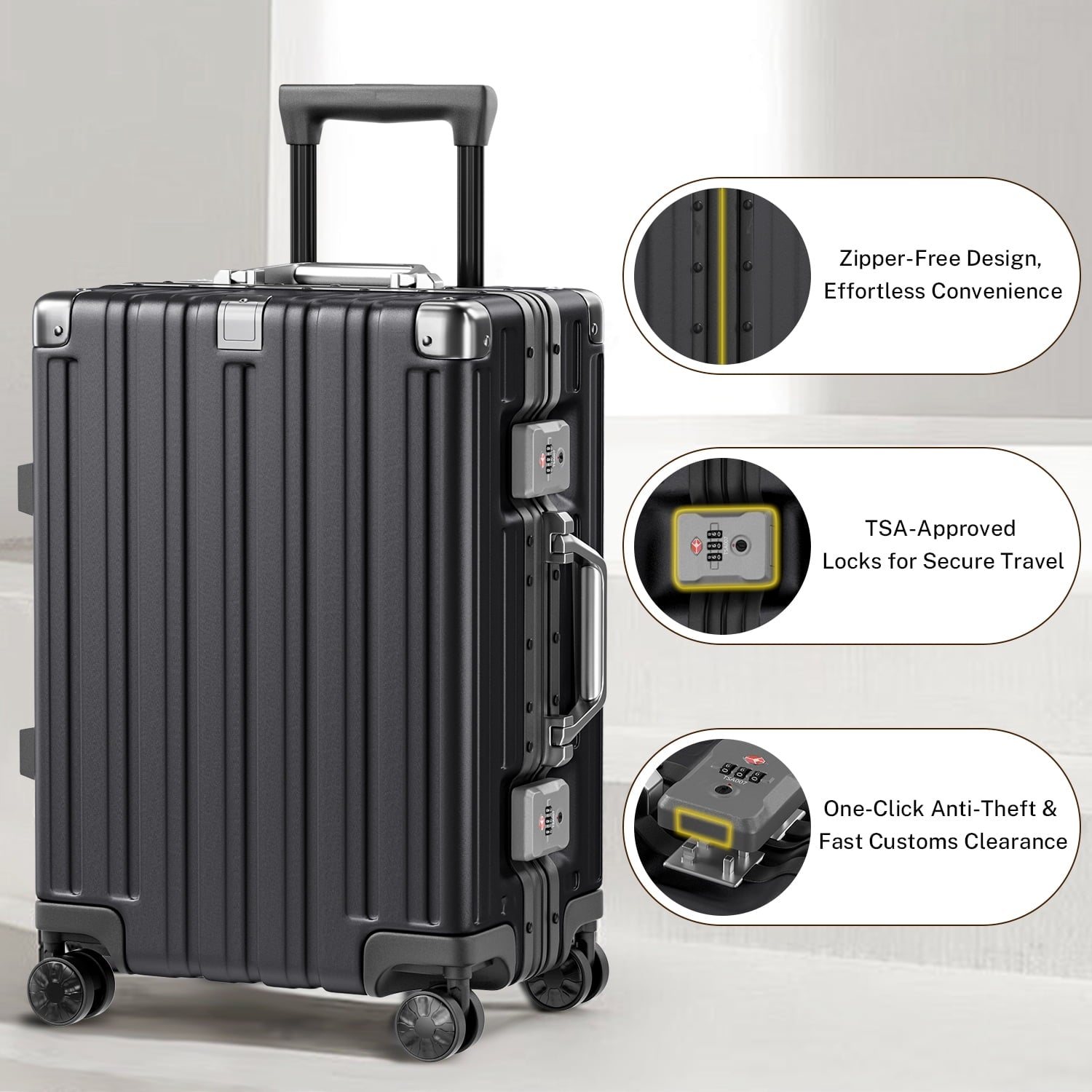 Checked Luggage Aluminum Frame Suitcase with Wheels PC ABS Hardside Zipperless with TSA Lock 24 Inch Black