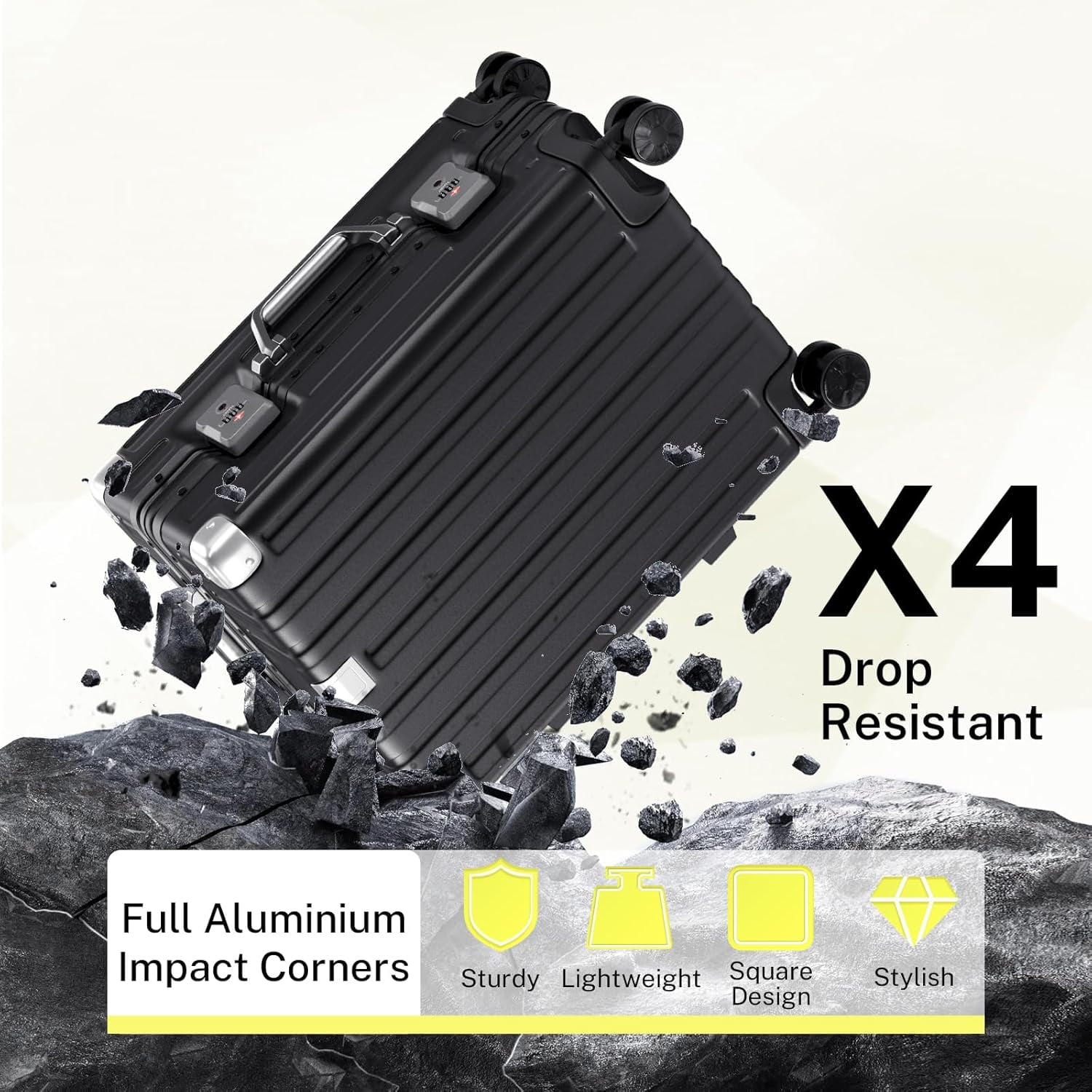 Checked Luggage Aluminum Frame Suitcase with Wheels PC ABS Hardside Zipperless with TSA Lock 24 Inch Black